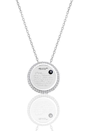 Gümüş rodyumlu zirkon taşlı Ayetel Kürsi yazılı nazarlı plaka kolye SGTL12491RODAJ