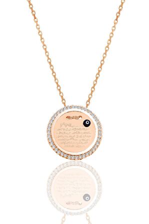 Gümüş rose zirkon taşlı Ayetel Kürsi yazılı nazarlı plaka kolye SGTL12491ROSE