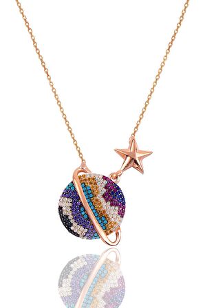 Gümüş rose ebruli zirkon taşlı satürn gezegen kolye SGTL12512EBRULI