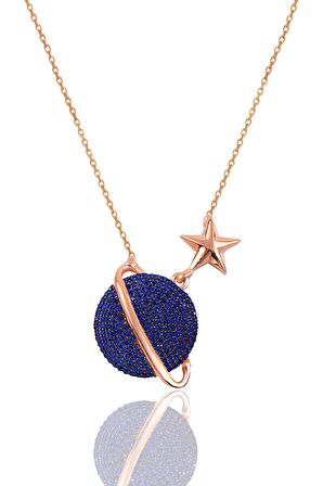 Gümüş rose safir taşlı satürn gezegen kolye SGTL12512LACIVERT