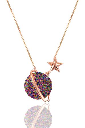Gümüş rose renkli taşlı satürn gezegen kolye SGTL12512RENKLI