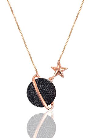 Gümüş rose siyah onix taşlı satürn gezegen kolye SGTL12512SIYAH