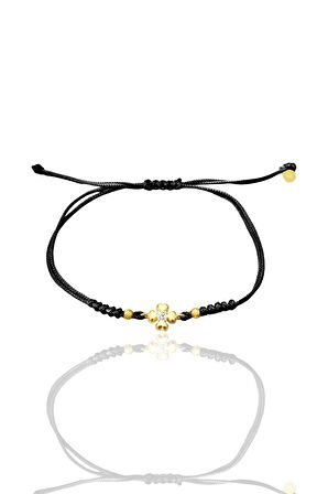 Gümüş altın yaldızlı zirkon taşlı dorica toplu siyah ipli yonca şans bileklik SGTL12523SIYAH