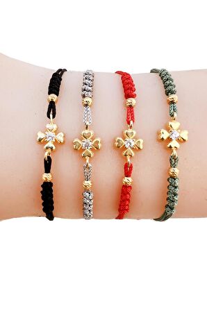 Gümüş altın yaldızlı zirkon taşlı dorica toplu siyah ipli yonca şans bileklik SGTL12523SIYAH