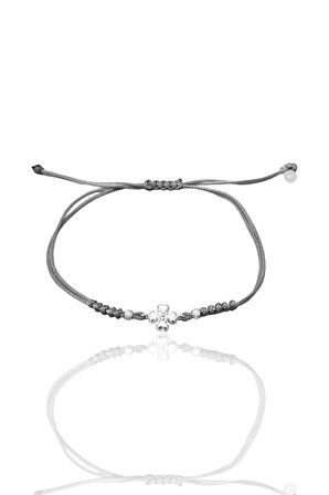 Gümüş rodyumlu zirkon taşlı dorica toplu gri ipli yonca şans bileklik SGTL12524GRI