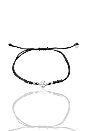 Gümüş rodyumlu zirkon taşlı dorica toplu siyah ipli yonca şans bileklik SGTL12524SIYAH