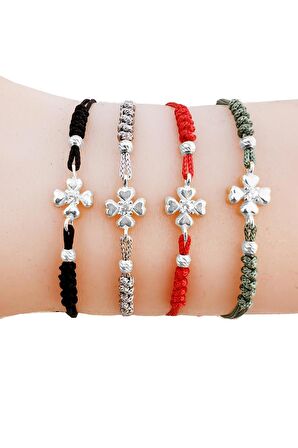 Gümüş rodyumlu zirkon taşlı dorica toplu siyah ipli yonca şans bileklik SGTL12524SIYAH