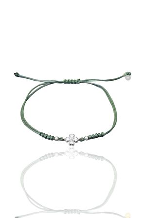 Gümüş rodyumlu zirkon taşlı dorica toplu yeşil ipli yonca şans bileklik SGTL12524YESIL