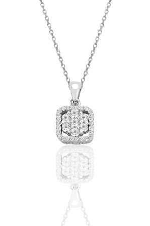 Gümüş rodyumlu zirkon taşlı pırlanta montür tasarım kare kolye SGTL12568RODAJ