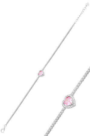 Gümüş beyaz altın rodyumlu pembe zirkon taşlı pırlanta montürlü love kalp su yolu bileklik SGTL12615PEMBE