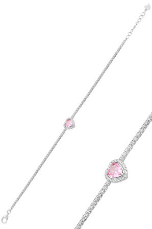 Gümüş beyaz altın rodyumlu pembe zirkon taşlı pırlanta montürlü love kalp su yolu bileklik SGTL12615PEMBE
