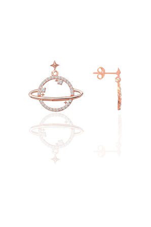 Gümüş rose zirkon taşlı satürn gezegen küpe SGTL12657ROSE