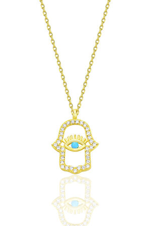 Gümüş altın yaldızlı turkuaz ve zirkon taşlı koruyucu hamsa el kolye SGTL12669GOLD