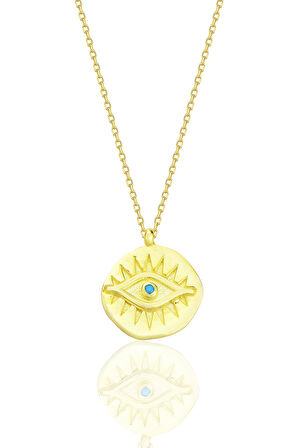 Gümüş altın yaldızlı turkuaz taşlı kadim göz kolye SGTL12671MAVI