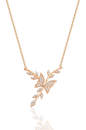 Gümüş rose zirkon taşlı dalda dans eden kelebek kolye SGTL12681ROSE