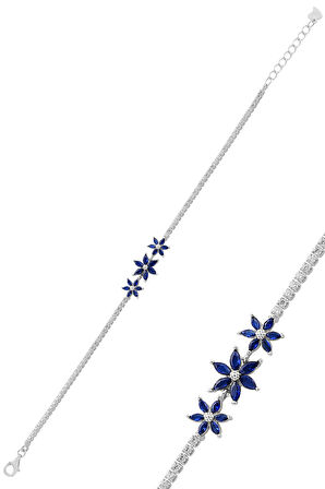 Gümüş rodyumlu markiz kesim safir taşlı lotus çiçekler su yolu bileklik SGTL12761LACIVERT