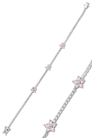 Gümüş rodyumlu zirkon taşlı pembe çiçekler su yolu bileklik SGTL12763PEMBE