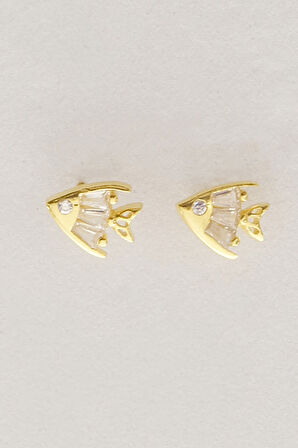 Gümüş altın yaldızlı baget kesim zirkon taşlı balık modeli küpe SGTL12826GOLD