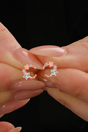 Gümüş rose yıldız kesim zirkon taşlı ay yıldız küpe SGTL12843ROSE