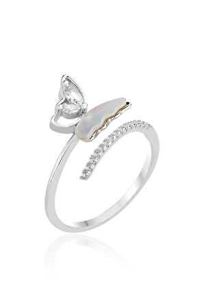 Gümüş rodyumlu sedef ve zirkon taşlı üstten ayarlanabilir kelebek yüzük 