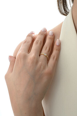 Gümüş altın yaldızlı baget kesim zirkon taşlı burgu yüzük  