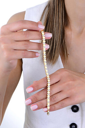 Gümüş altın yaldızlı zirkon taşlı elips modeli sıralı bileklik SGTL12893GOLD