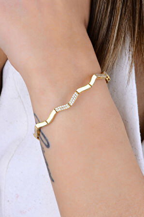 Gümüş altın yaldızlı zirkon taşlı dalgalı ajda modeli bileklik SGTL12896GOLD