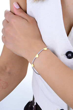 Gümüş rodyumlu ve altın yaldızlı zirkon taşlı altın kalpler su yolu bileklik. SGTL12901