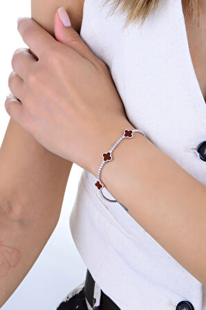 Gümüş rodyumlu pırlanta modeli akik ve zirkon taşlı yonca dizisi su yolu bileklik SGTL12913KAHVERENK