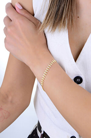 Gümüş altın yaldızlı baget kesim zirkon taşlı hareketli kırkayak model bileklik SGTL12914GOLD