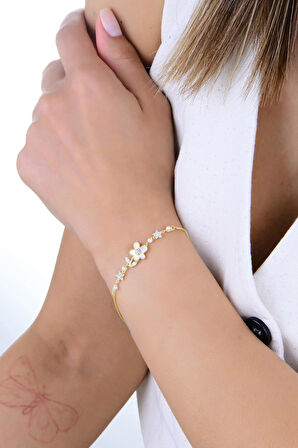 Gümüş altın yaldızlı sedef ve zirkon taşlı inci çiçeği bileklik SGTL12922GOLD