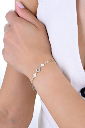 Gümüş rodyumlu zirkon taşlı çift zincirli katre yonca bileklik  SGTL12925RODAJ