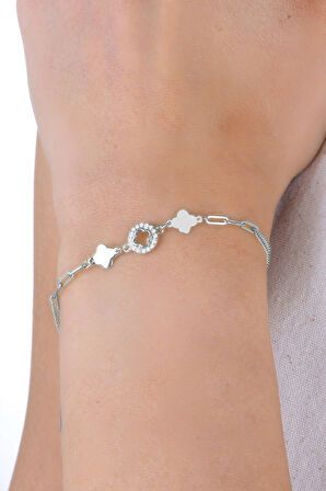 Gümüş rodyumlu zirkon taşlı çift zincirli katre yonca bileklik  SGTL12925RODAJ