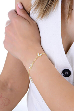 Gümüş altın yaldızlı sedef ve zirkon taşlı ışıltılı kelebek bileklik SGTL12926GOLD