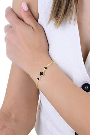 Gümüş altın yaldızlı onix taşlı ataç zincir detaylı çift zincirli yonca bileklik SGTL12929GOLD