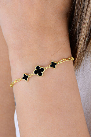 Gümüş altın yaldızlı onix taşlı ataç zincir detaylı çift zincirli yonca bileklik SGTL12929GOLD