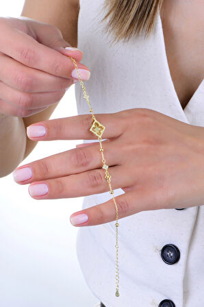 Gümüş altın yaldızlı zirkon taşlı telkari görünümlü işlemeli yonca bileklik SGTL12930GOLD