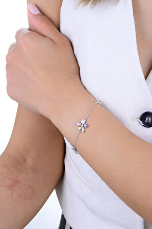 Gümüş rodyumlu renkli zirkon taşlı asimetrik neşe çiçeği bileklik SGTL12933RODAJ