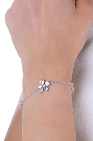 Gümüş rodyumlu renkli zirkon taşlı asimetrik neşe çiçeği bileklik SGTL12933RODAJ