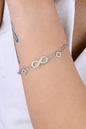 Gümüş rodyumlu baget kesim zirkon taşlı çift zincirli sonsuzluk yonca bileklik SGTL12935RODAJ