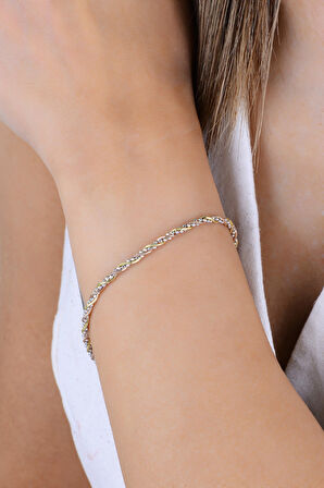 Gümüş altın, rose ve rodyumlu üç renkli top zincir detaylı burgulu İtalyan bileklik SGTL12943RENKLI