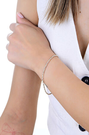 Gümüş altın, rose ve rodyumlu üç renkli top zincir detaylı burgulu İtalyan bileklik SGTL12943RENKLI