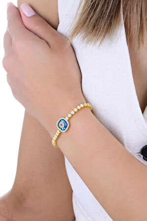 Gümüş altın yaldızlı zirkon taşlı kare nazar boncuklu asansörlü cam göz su yolu bileklik SGTL12946GOLD