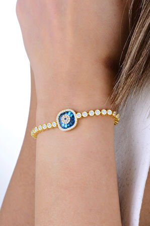 Gümüş altın yaldızlı zirkon taşlı kare nazar boncuklu asansörlü cam göz su yolu bileklik SGTL12946GOLD