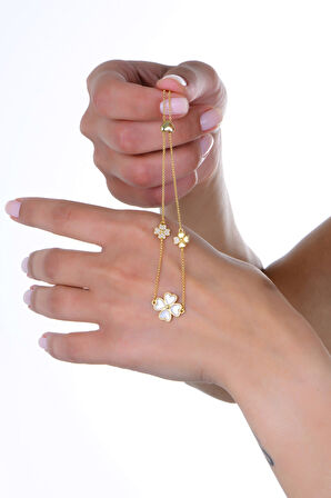 Gümüş altın yaldızlı sedef ve zirkon taşlı kalp detaylı asansörlü yonca bileklik SGTL12949GOLD