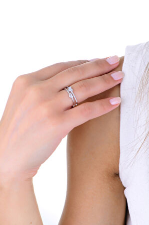 Gümüş rodyumlu zirkon ve sedef taşlı aşık kalpler yüzük 