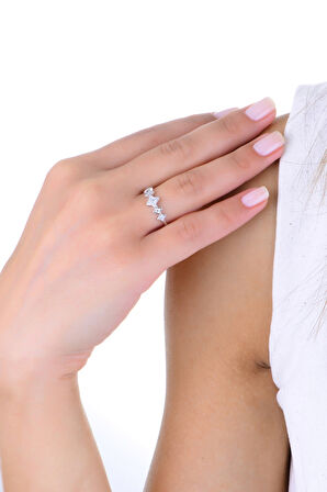 Gümüş rodyumlu zirkon ve sedef taşlı ardışık yonca şans yüzük 