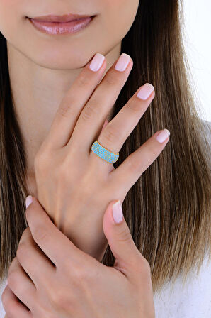 Gümüş altın yaldızlı turkuaz taşlı 5 sıra tamtur yüzük 