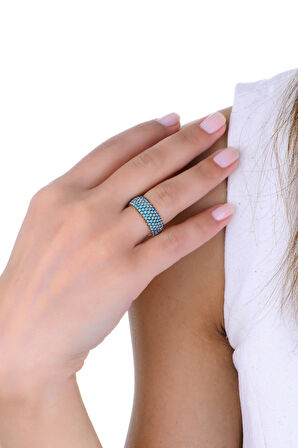 Gümüş rose turkuaz taşlı 5 sıra tamtur yüzük 