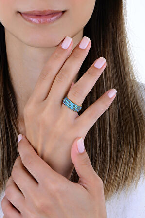 Gümüş rose turkuaz taşlı 5 sıra tamtur yüzük 